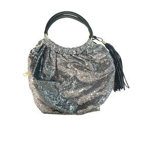 Steve Madden Silver Sequin Hobo Bag With Black Tassel & Handles